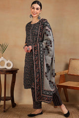 Black Viscose Rayon Floral Embroidered Straight Suit Set