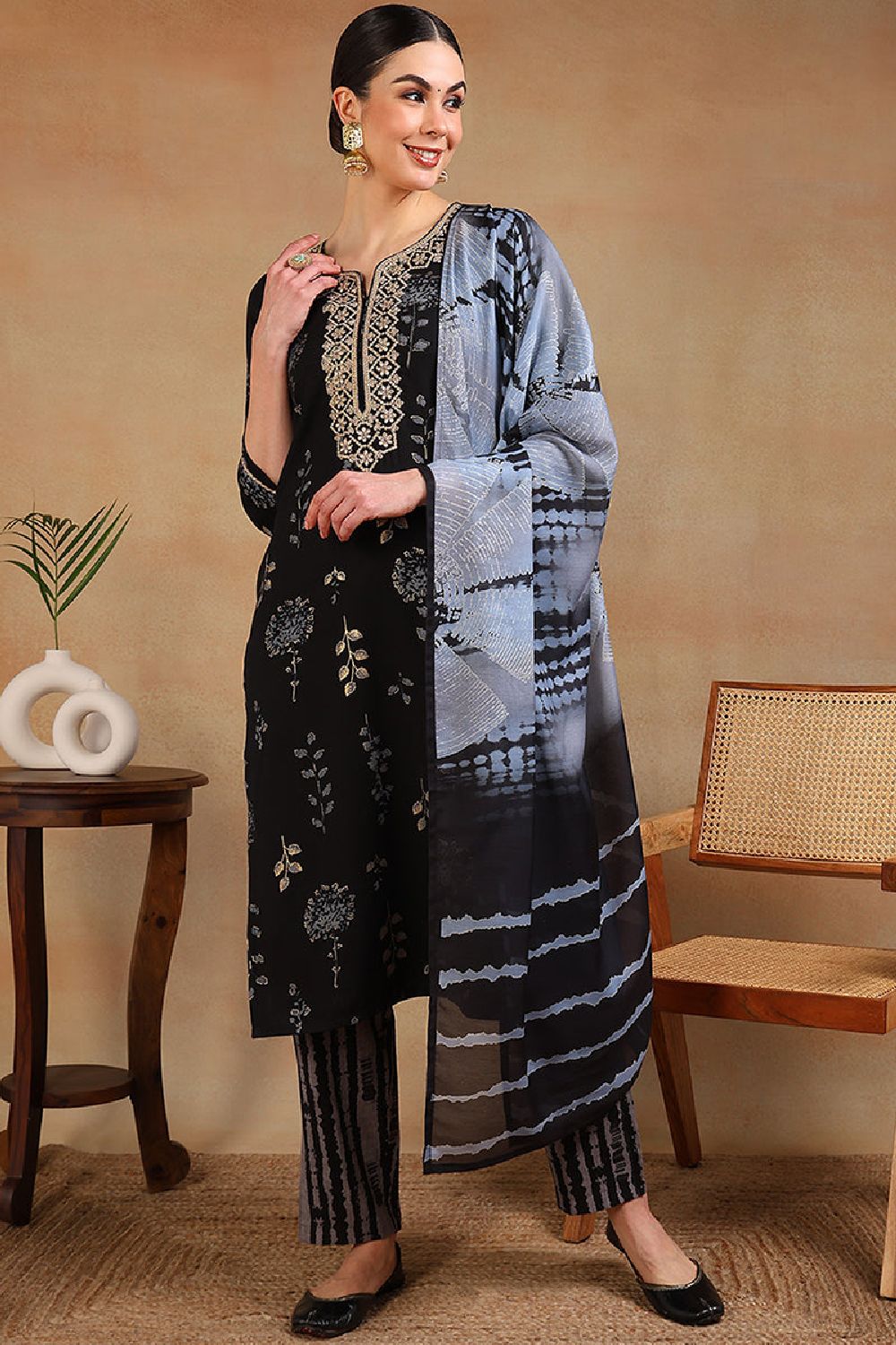 Black Rayon Floral Printed Yoke Design Straight Suit Set