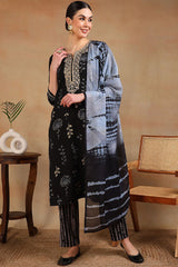 Black Rayon Floral Printed Yoke Design Straight Suit Set