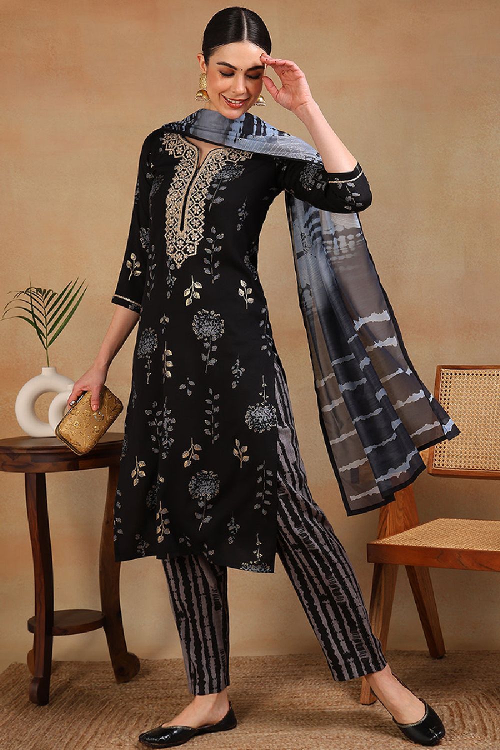 Black Rayon Floral Printed Yoke Design Straight Suit Set