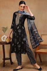 Black Rayon Floral Printed Yoke Design Straight Suit Set