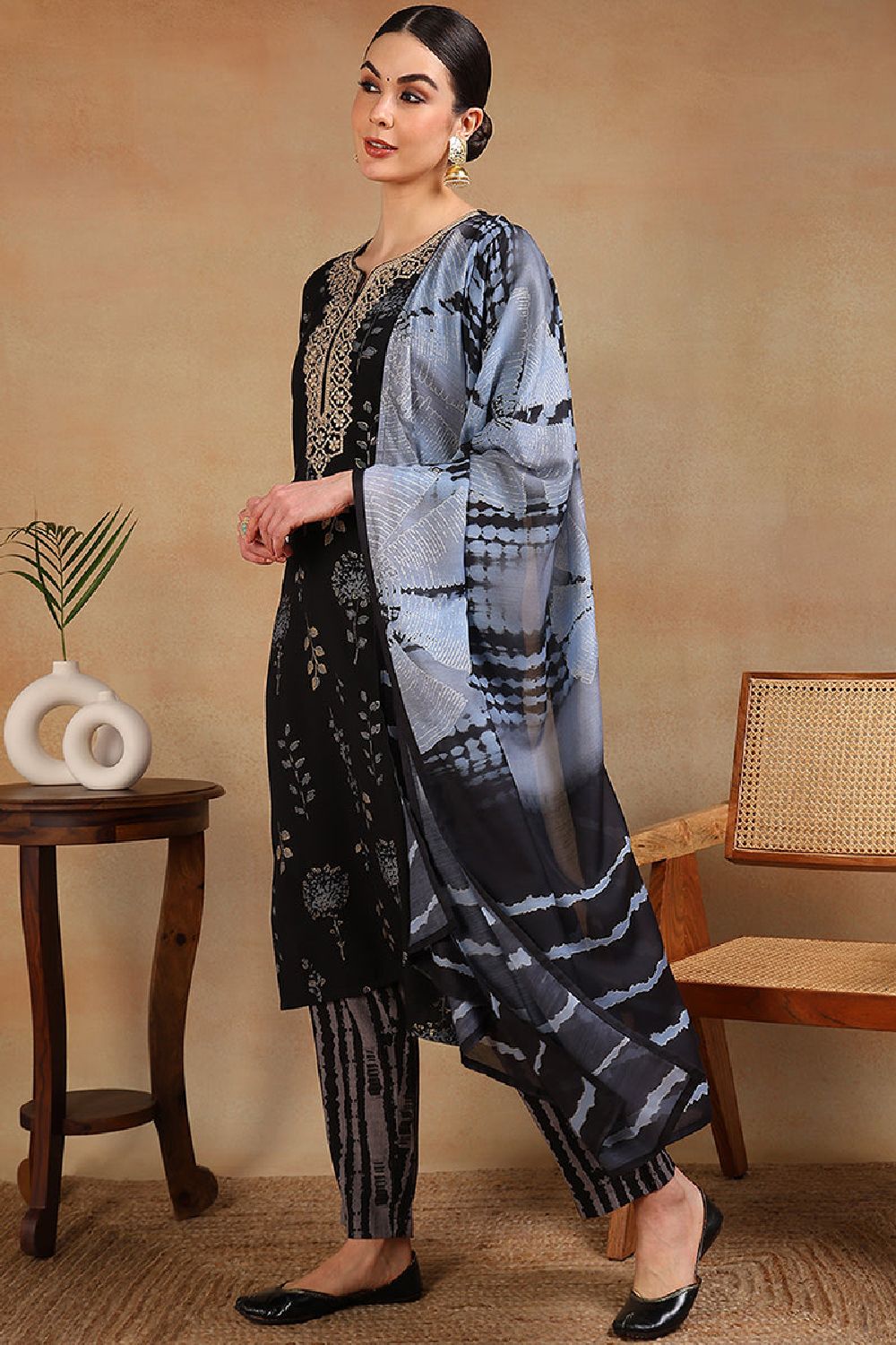 Black Rayon Floral Printed Yoke Design Straight Suit Set