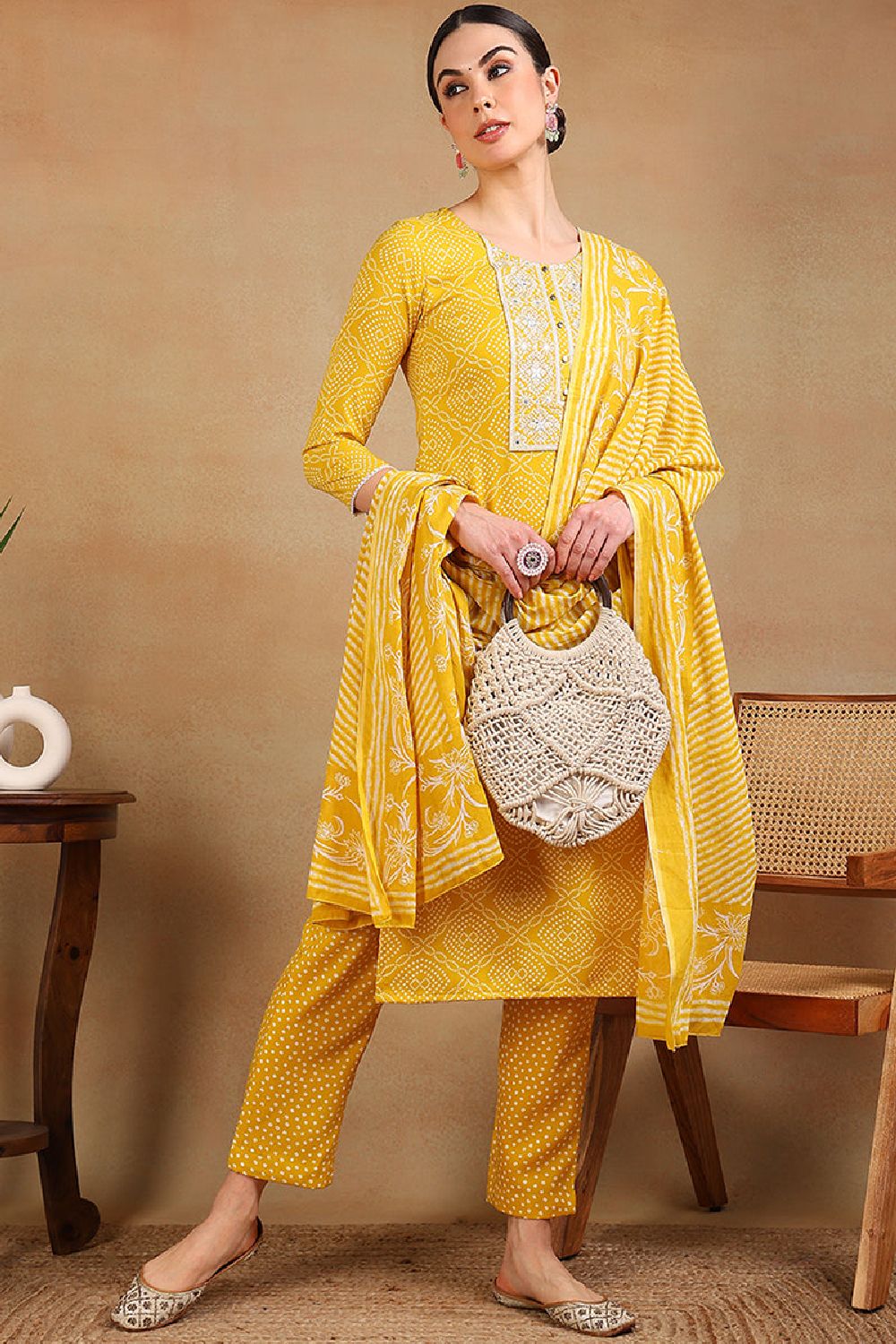 Yellow Viscose Rayon Bandhani Embroidered Straight Suit Set