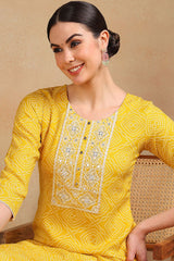 Yellow Viscose Rayon Bandhani Embroidered Straight Suit Set