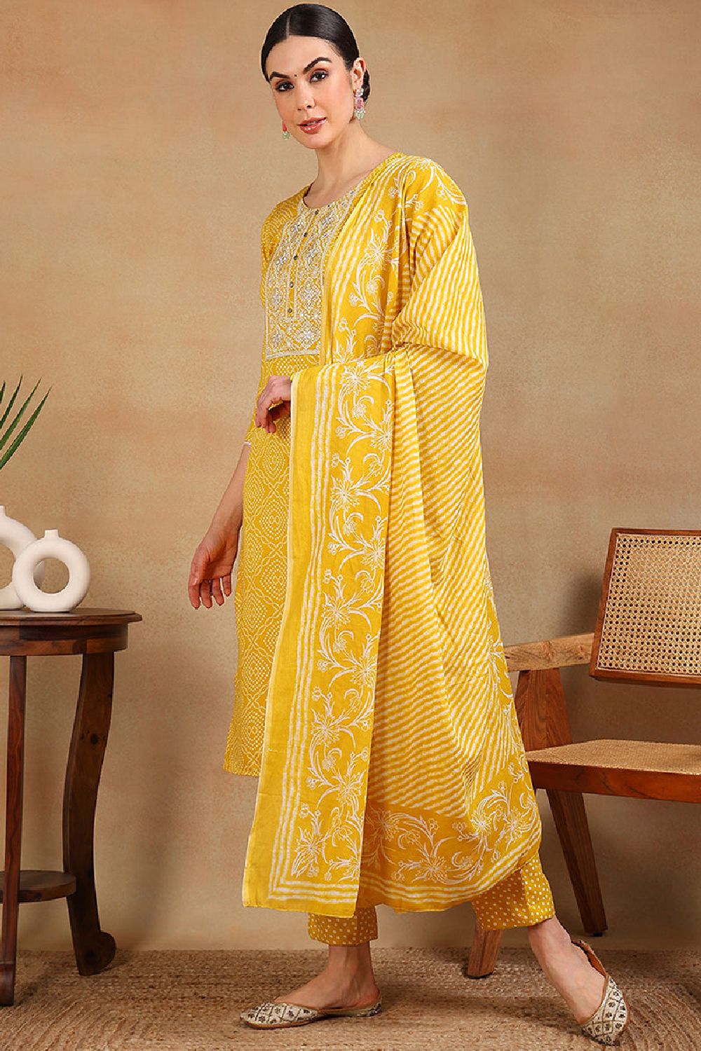 Yellow Viscose Rayon Bandhani Embroidered Straight Suit Set