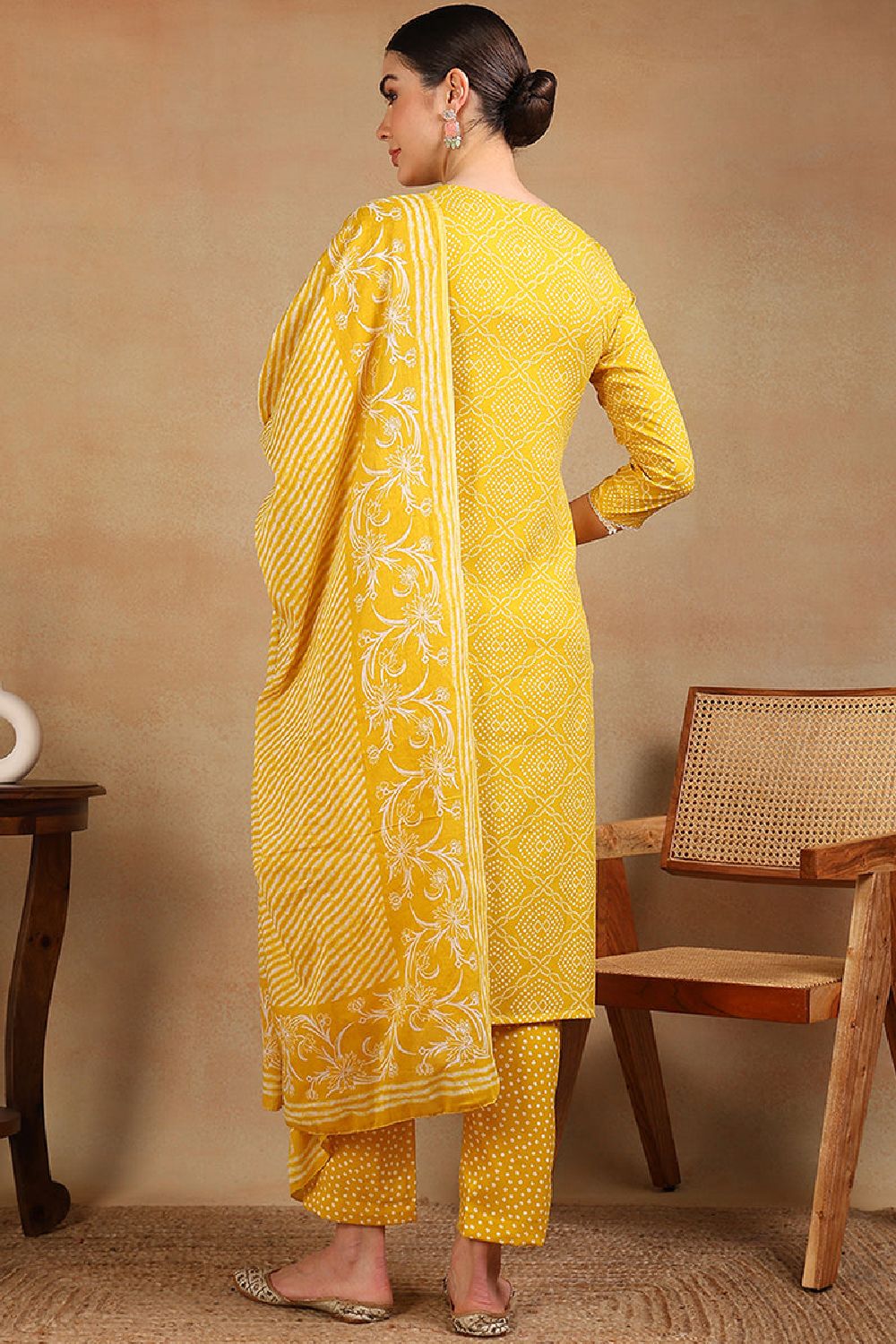 Yellow Viscose Rayon Bandhani Embroidered Straight Suit Set