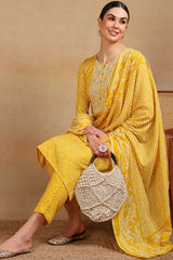 Yellow Viscose Rayon Bandhani Embroidered Straight Suit Set