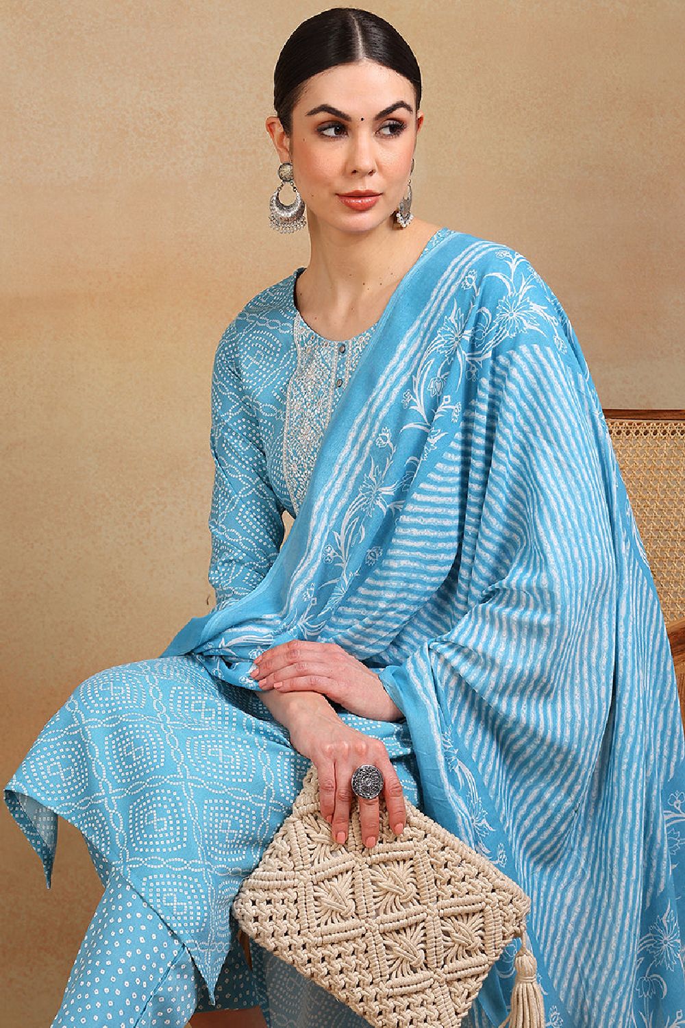 Blue Viscose Rayon Bandhani Embroidered Straight Suit Set