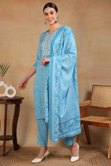 Blue Viscose Rayon Bandhani Embroidered Straight Suit Set