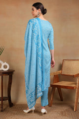 Blue Viscose Rayon Bandhani Embroidered Straight Suit Set