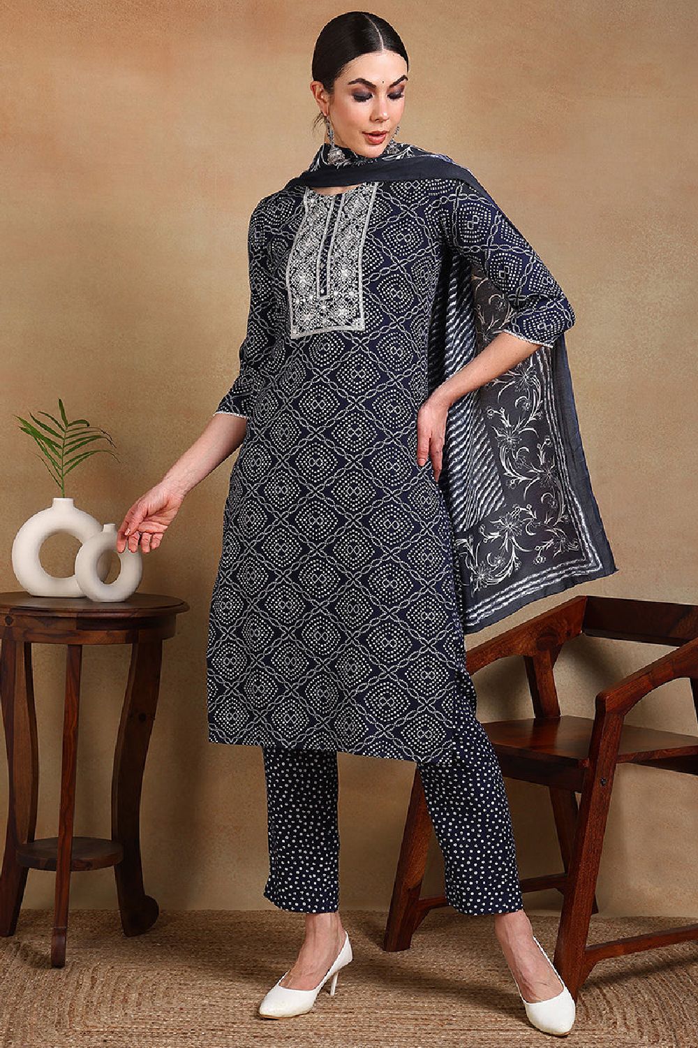 Navy Blue Rayon Blend Bandhani Printed Straight Suit Set