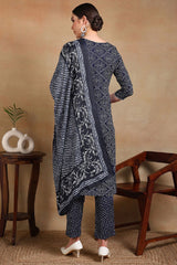 Navy Blue Rayon Blend Bandhani Printed Straight Suit Set