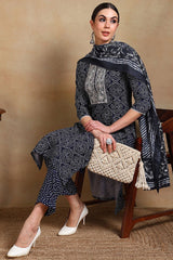 Navy Blue Rayon Blend Bandhani Printed Straight Suit Set