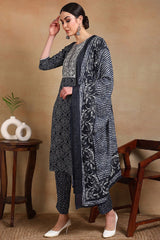 Navy Blue Rayon Blend Bandhani Printed Straight Suit Set