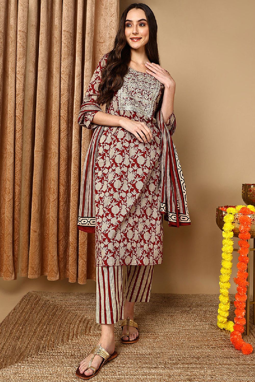 Maroon Rayon Blend Embroidered Floral Printed Straight Suit Set