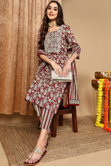 Maroon Rayon Blend Embroidered Floral Printed Straight Suit Set