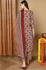 Maroon Rayon Blend Embroidered Floral Printed Straight Suit Set