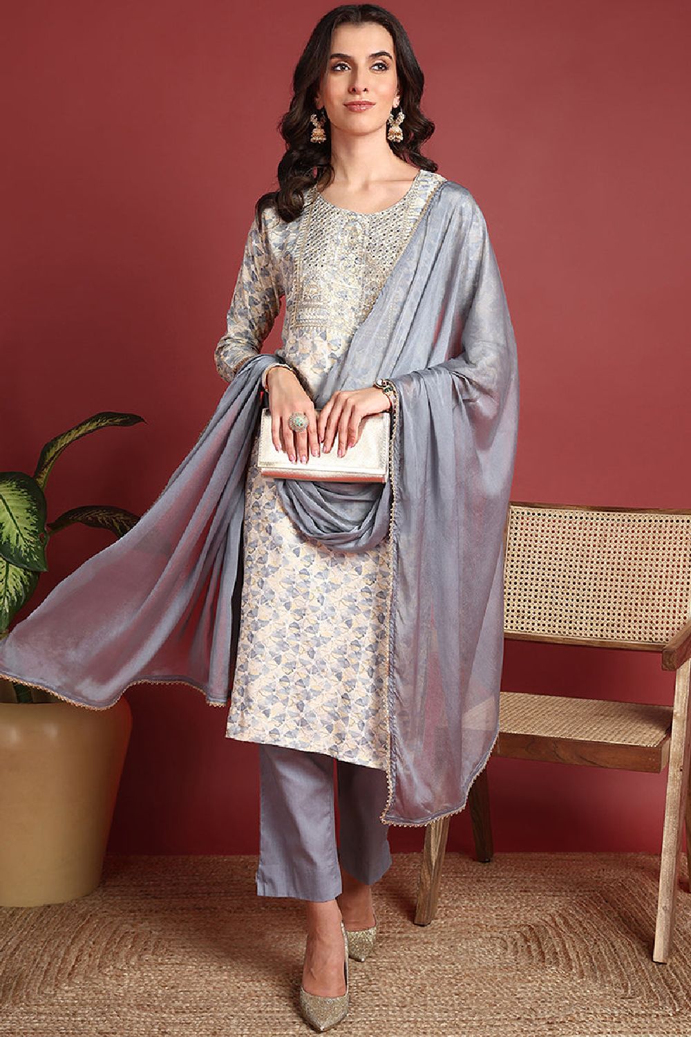 Grey Viscose Rayon Abstract Embroidered Straight Cut Suit Set