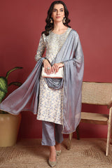 Grey Viscose Rayon Abstract Embroidered Straight Suit Set