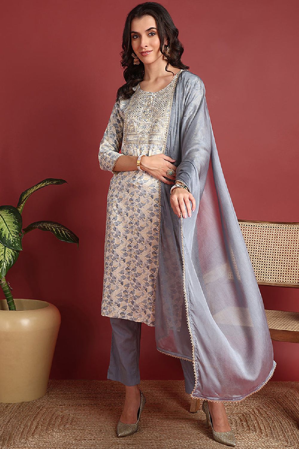 Grey Viscose Rayon Abstract Embroidered Straight Cut Suit Set