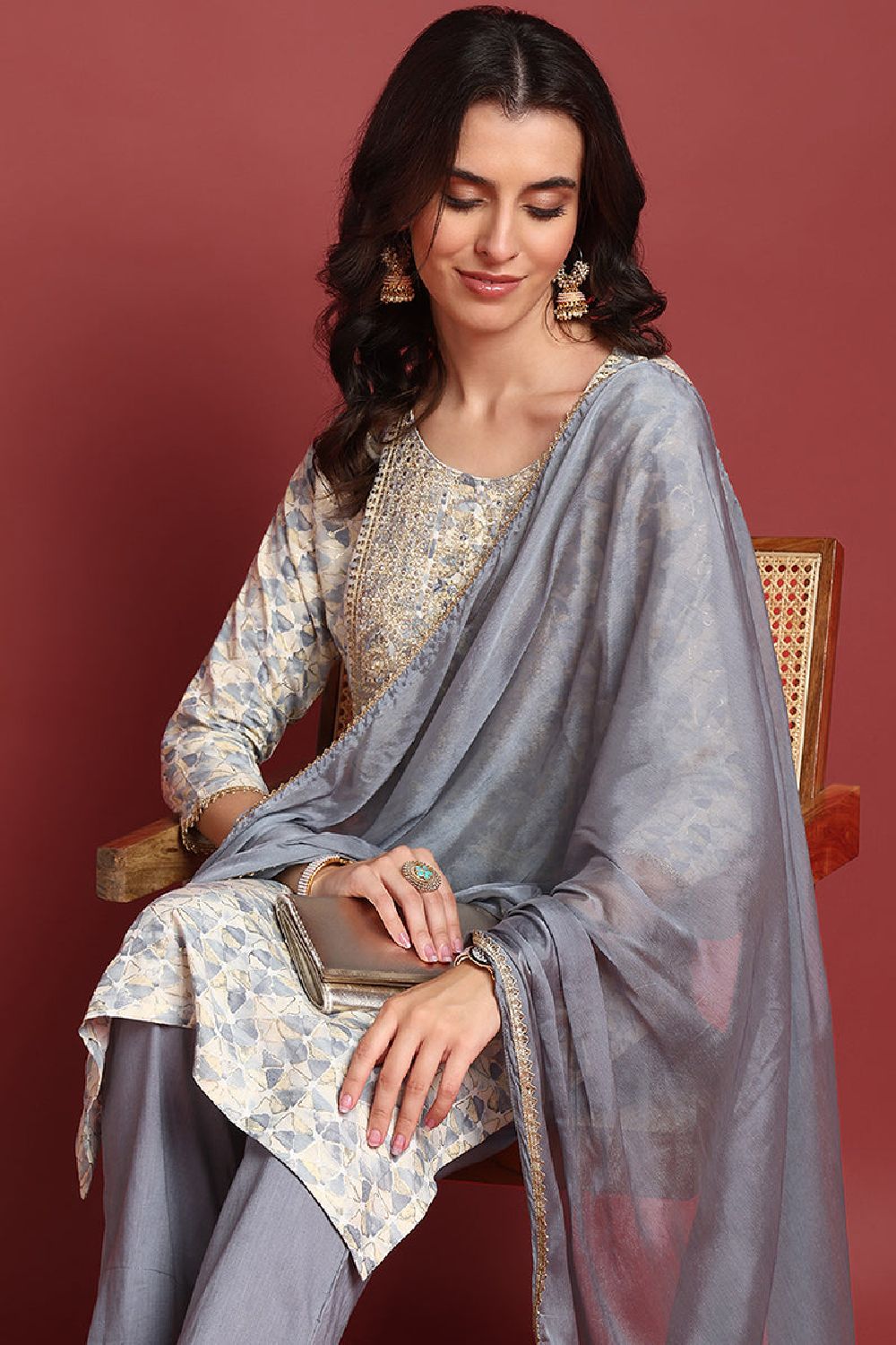 Grey Viscose Rayon Abstract Embroidered Straight Cut Suit Set