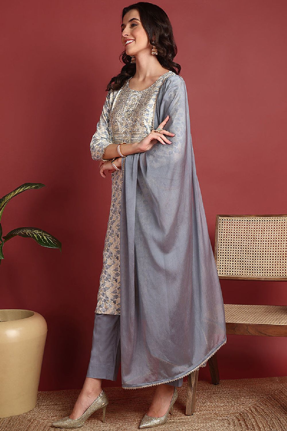 Grey Viscose Rayon Abstract Embroidered Straight Suit Set