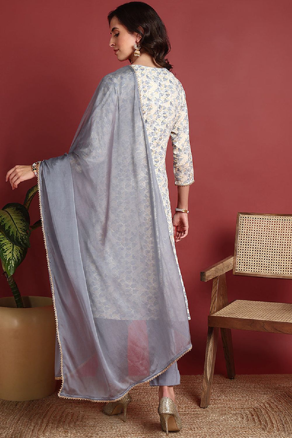 Grey Viscose Rayon Abstract Embroidered Straight Suit Set