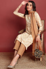 Brown Viscose Rayon Abstract Embroidered Straight Cut Suit Set