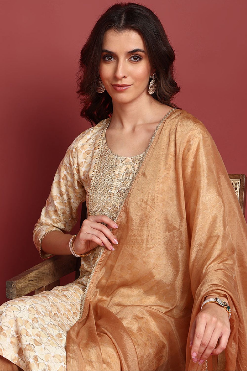 Brown Viscose Rayon Abstract Embroidered Straight Cut Suit Set