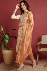 Brown Viscose Rayon Abstract Embroidered Straight Suit Set