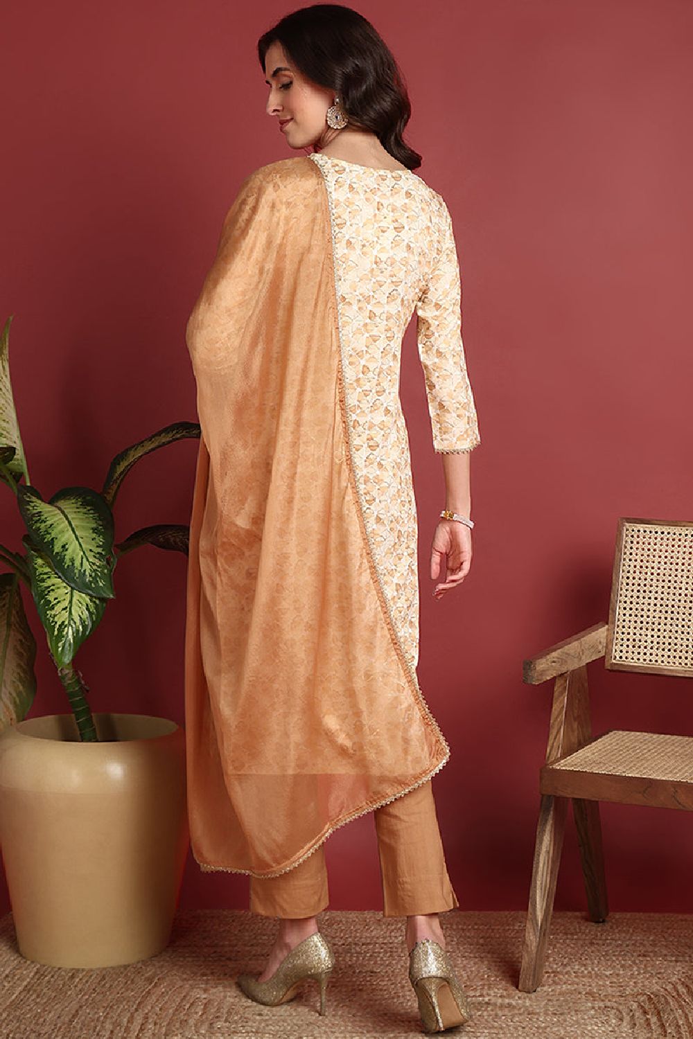 Brown Viscose Rayon Abstract Embroidered Straight Cut Suit Set