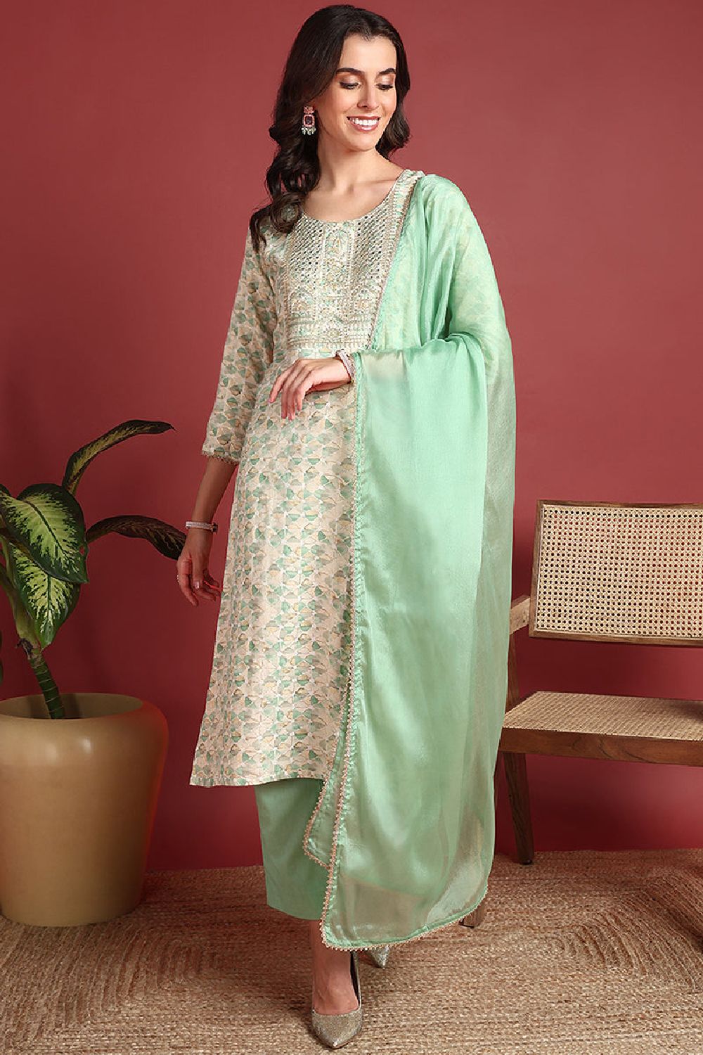 Green Viscose Rayon Abstract Embroidered Straight Suit Set