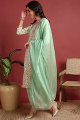 Green Viscose Rayon Abstract Embroidered Straight Suit Set