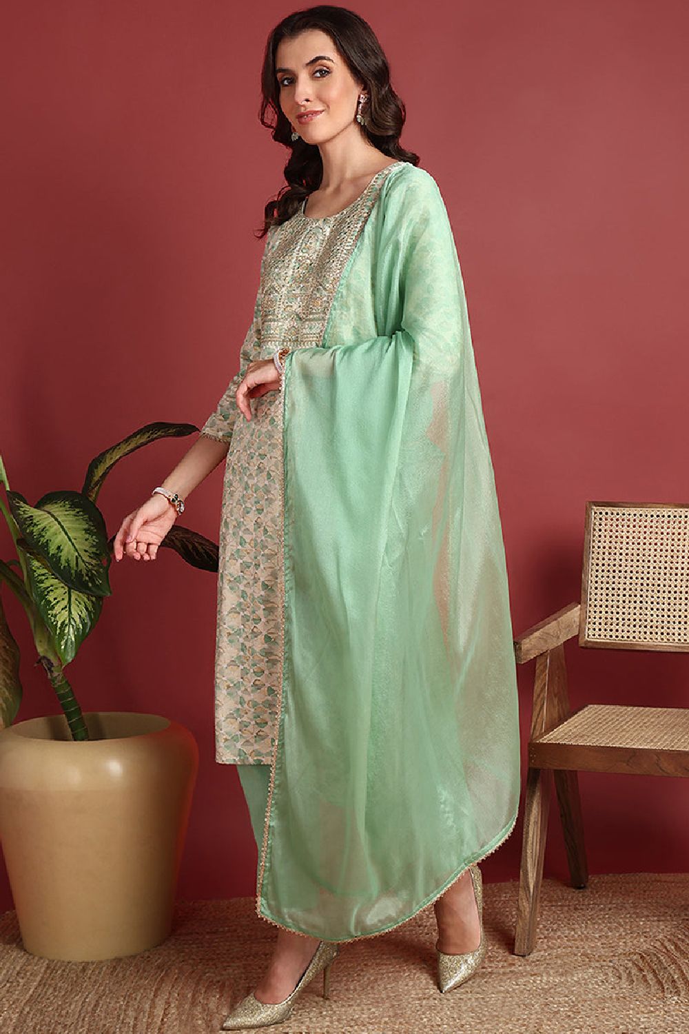 Green Viscose Rayon Abstract Embroidered Straight Cut Suit Set