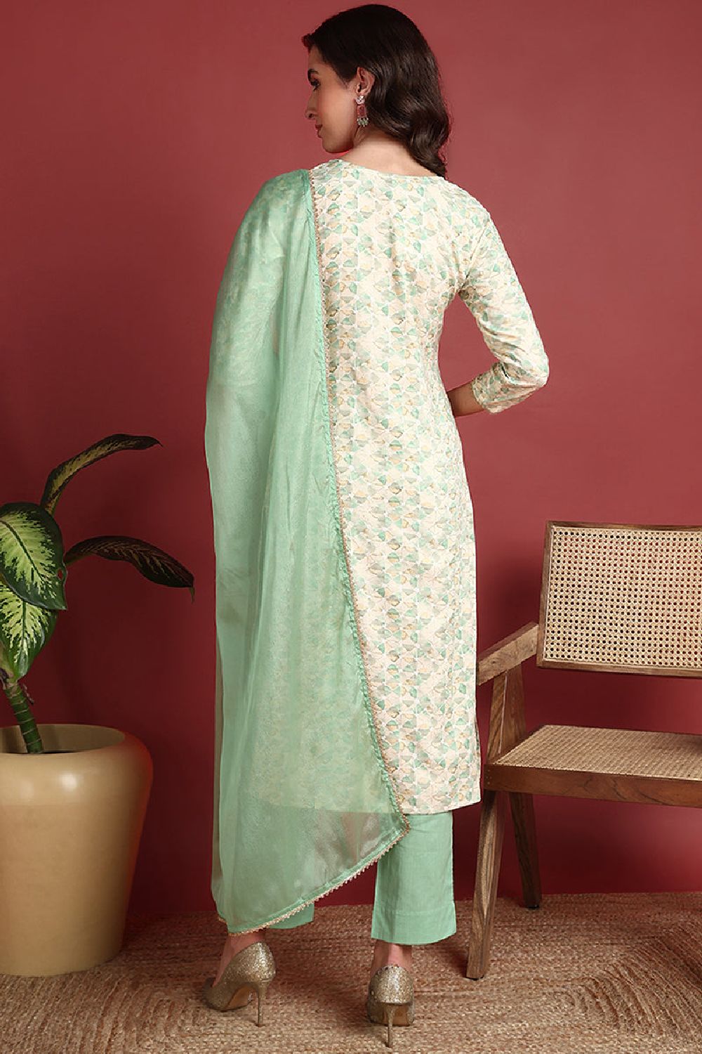 Green Viscose Rayon Abstract Embroidered Straight Suit Set