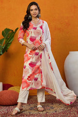 White Cotton Blend Floral Printed Straight Suit Set