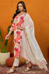 White Cotton Blend Floral Printed Straight Suit Set