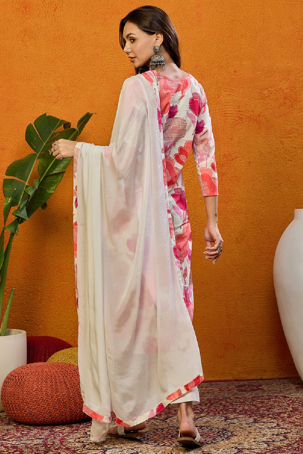 White Cotton Blend Floral Printed Straight Suit Set