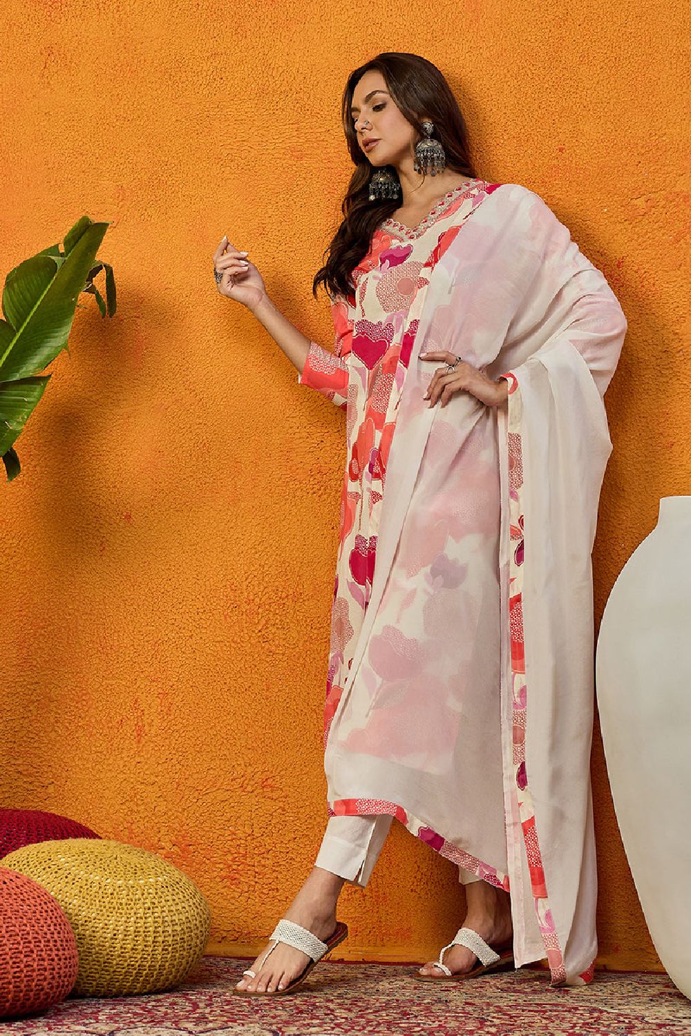 White Cotton Blend Floral Printed Straight Suit Set