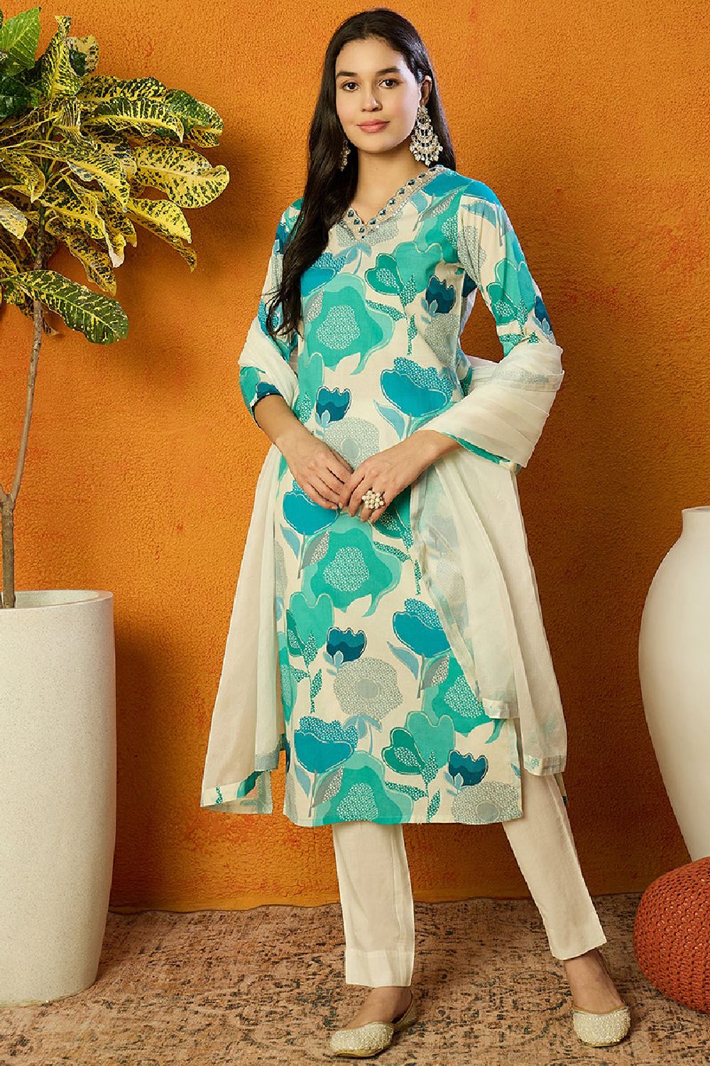 White Cotton Blend Floral Printed Straight Suit Set