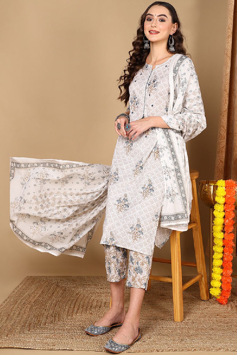 Off White Rayon Blend Floral Printed Straight Suit Set