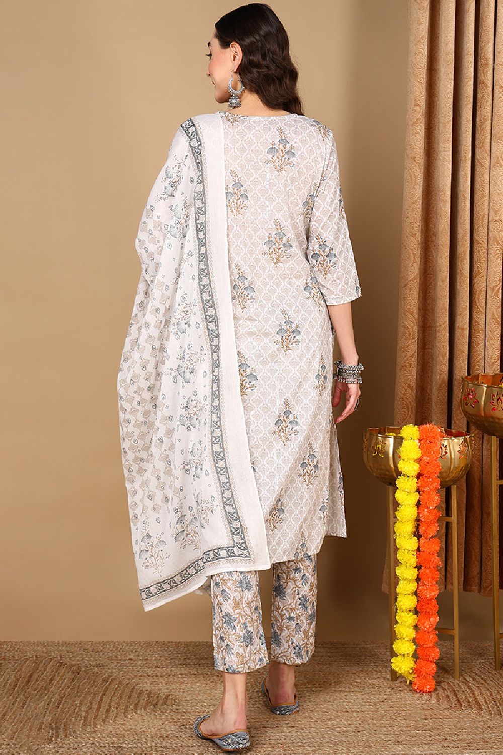 Off White Rayon Blend Floral Printed Straight Suit Set