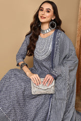 Grey Rayon Blend Geometric Printed A Line Suit Set