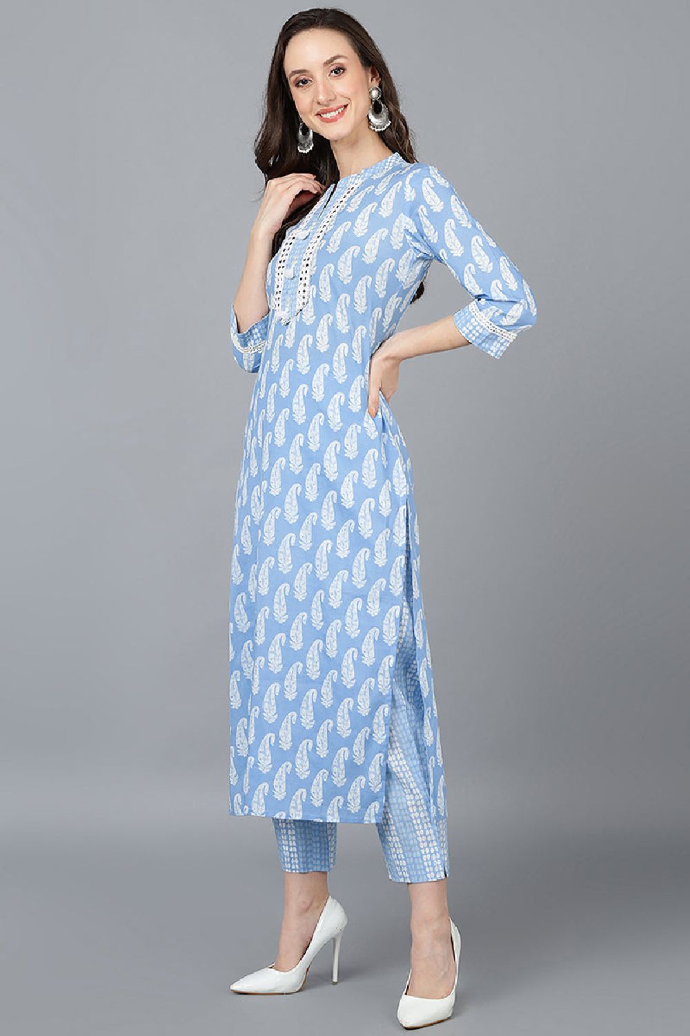 Blue Rayon Blend Paisley Printed Straight Suit Set