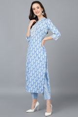 Blue Rayon Blend Paisley Printed Straight Suit Set