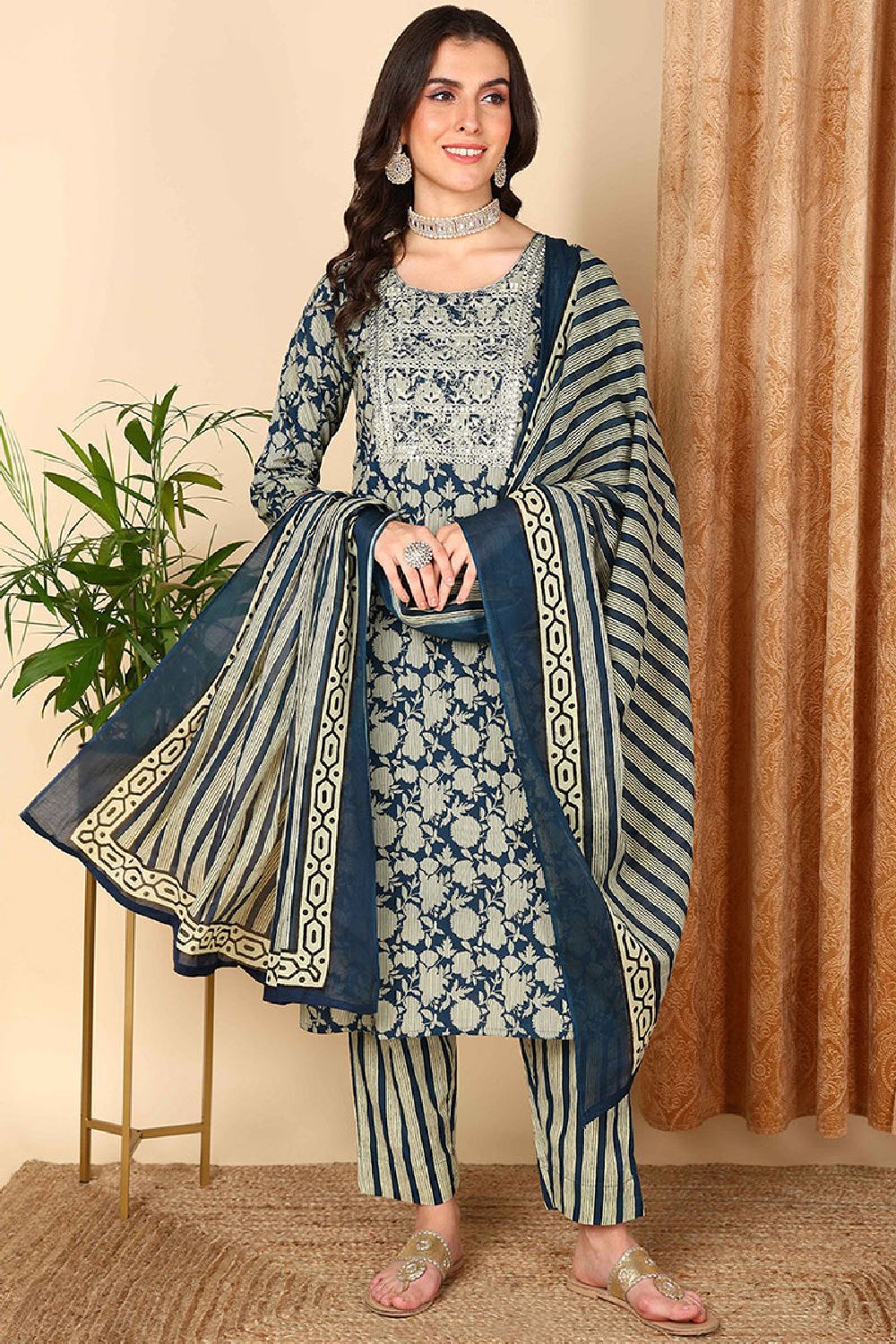 Navy Blue Rayon Blend Floral Printed Straight Suit Set