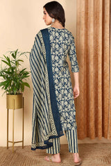 Navy Blue Rayon Blend Floral Printed Straight Suit Set