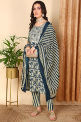 Navy Blue Rayon Blend Floral Printed Straight Suit Set