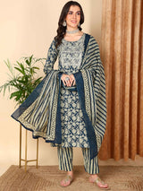 Navy Blue Rayon Blend Floral Embroidered Straight Kurta Trousers With Dupatta