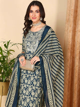 Navy Blue Rayon Blend Floral Embroidered Straight Kurti Pants With Dupatta